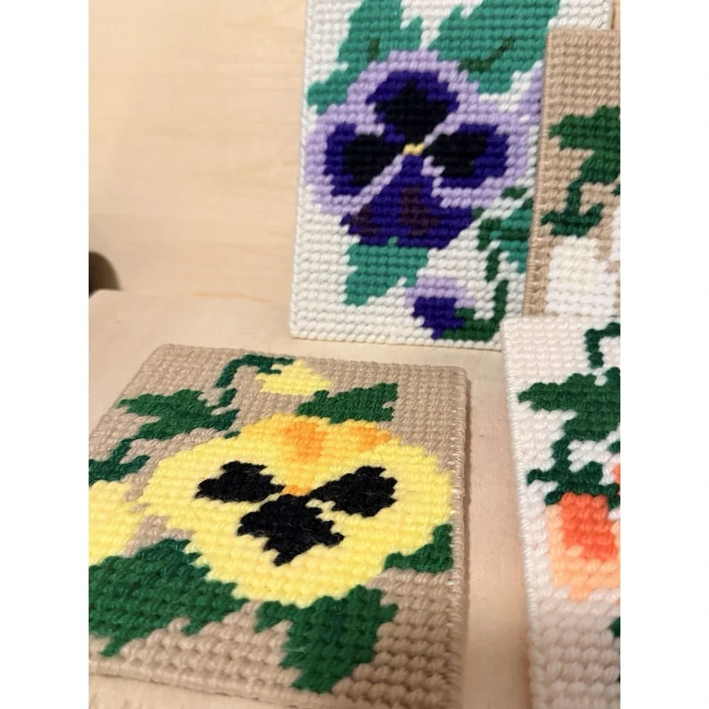 Flower Vintage Coasters (4) Needle Point 4.5x5in